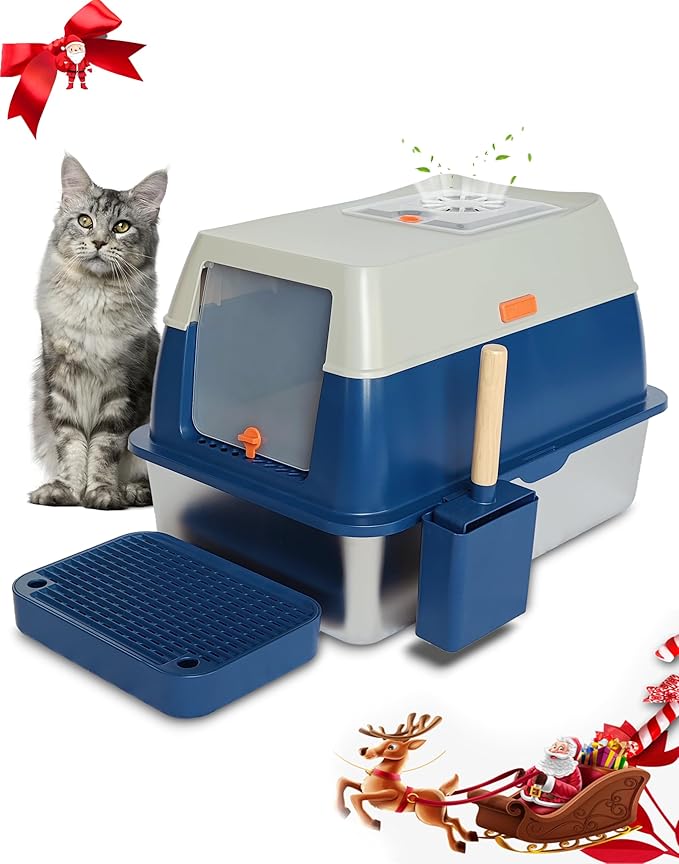 XL Stainless Steel Enclosed Litter Box with Covered, High Sides, Eliminates Odors, Hooded Cat Litter Box, Easy Clean, Extra Large Metal Litter Box with lid for Indoor Cats, Blue, FOXORU