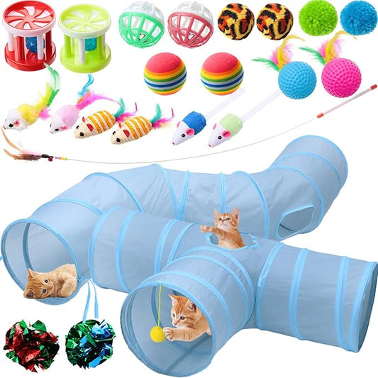 Wettarn 22 Pieces Cat Toys Set, with 2 Collapsible Cat Tunnels for Indoor Cats and 20 Kitten Toys Cat Tubes and Tunnels Interactive Cat Feather Toy Mouse Crinkle Balls for Cats Puppies (Gray)
