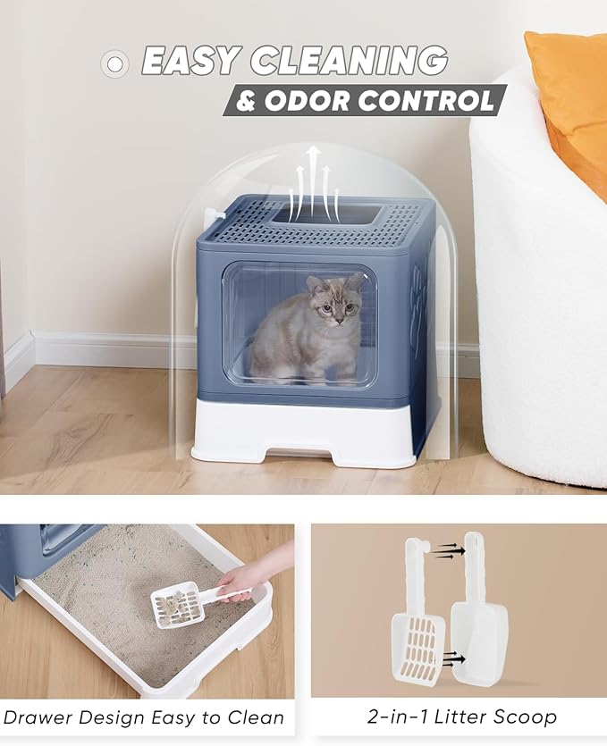Enclosed Litter Box with Lid, X-Large Foldable Cat Litter Box, Covered Kitty Litter Box, Two-Way Entry and Exit Cat Box with Scoop, Odor Control, Easy to Clean(Blue)
