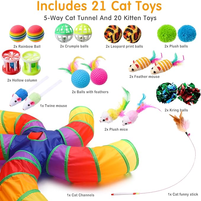 Poen 21 Pcs Cat Tunnel for Indoor Cats Set Collapsible 5 Way Cat Tubes with 20 Pcs Cat Toys Kitten Toys Interactive Cat Feather Toy Mouse Crinkle Balls Cat Tube for Puppy Kitten Rabbit(Colorful)