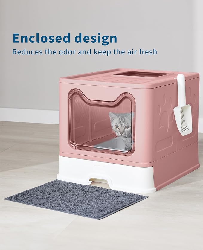 Cat Litter Box with Litter Mat and Scoop, Large Foldable Litter Box with Lid, Front Entry Top Exit Kitty Litter Box, Odor Control Easy Clean (Pink)