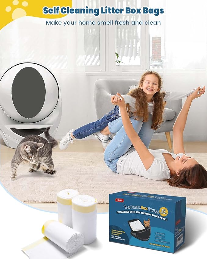 KONE Cat Litter Bags for Robot 3/4, 2 mil Thickened Waste Drawer Liners Compatible with Most Self-cleaning Automatic Boxes - 57 Count Pet Kitten Poop Disposable Replacement Bags, 5-9 Gal, 26 x 16