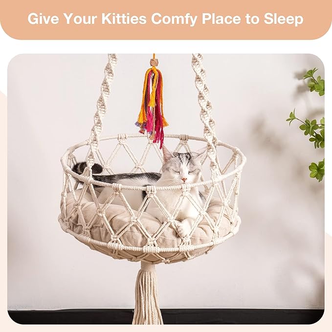 MEWOOFUN Hanging Macrame Cat Hammock Bed, Cat Swing Bed Space Saving Window Perch with Washed Cotton Mat & Funny Cat Toy for Indoor Cats