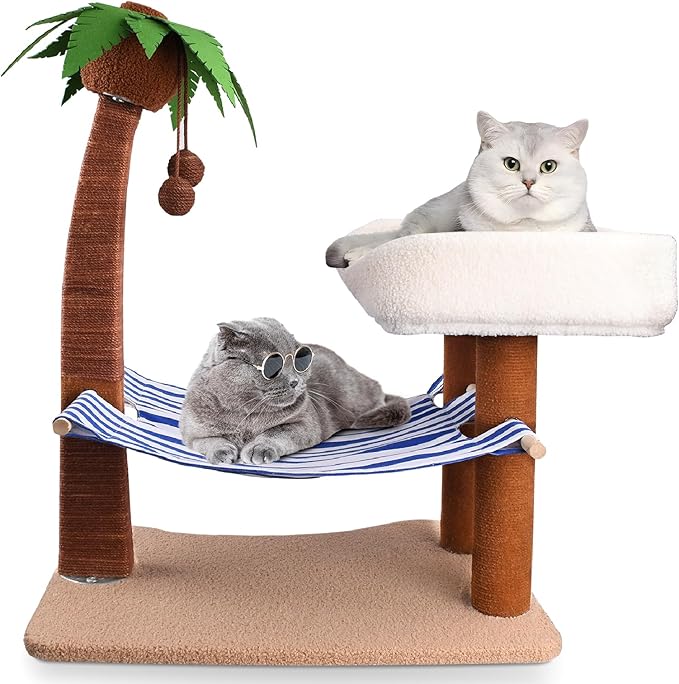 Cat Scratch Post with Hammock,29.5 Inches Tall Cat Scratcher with Cat Bed for Indoor Cats,Sisal Rope Cat Tree Scratching Post Tall with Hanging Ball for Small Cat Kitten