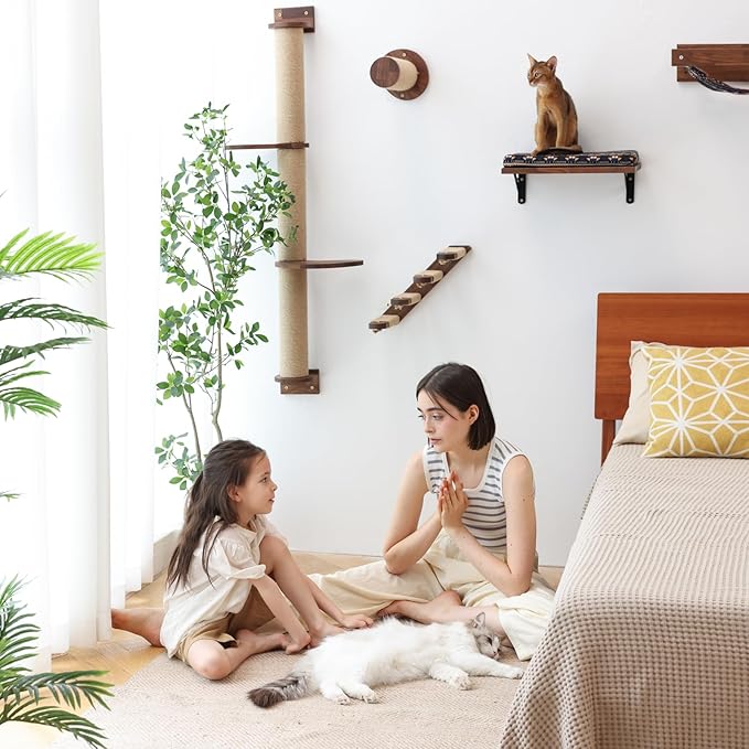 FUKUMARU Cat Tree, Solid Walnut Wood Cat Wall Furniture, Black Cat Wall Shelves with Scratching Posts and Pedal (Cat Activity Tree-Updated)