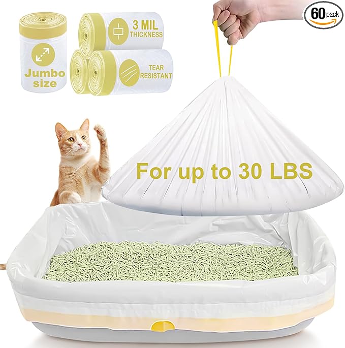 ELEGX 60 Count Litter Box Liners,HDPE Material 3MIL Extra Thick Heavy Duty 46" x 18" Jumbo Drawstring Cat String Liners,Compatible with Nature's Miracle/Petmate/Van Ness/IRIS,Tear & Leak Resistant