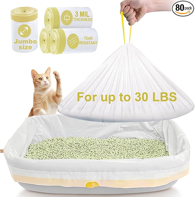 ELEGX 3MIL 46" x 18" Jumbo Cat String Liners Fit for Most Extra Large Litter Boxes,HDPE Material,50% Thicker Than the Others,Tear & Leak Resistant,Heavy Duty Drawstring Kitty Litter Pan Bags (80)