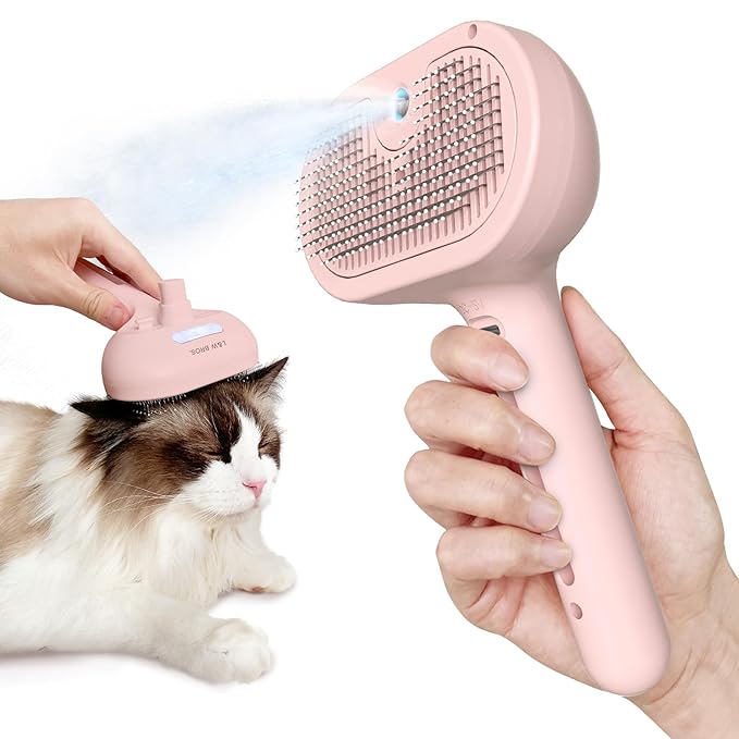 L&W BROS. Cat Steam Brush for Shedding Self Cleaning Steamy Cat Brush Cats Hair Grooming Brush Misting Cat Steamer Brush for Long Haired Cats(Pink)