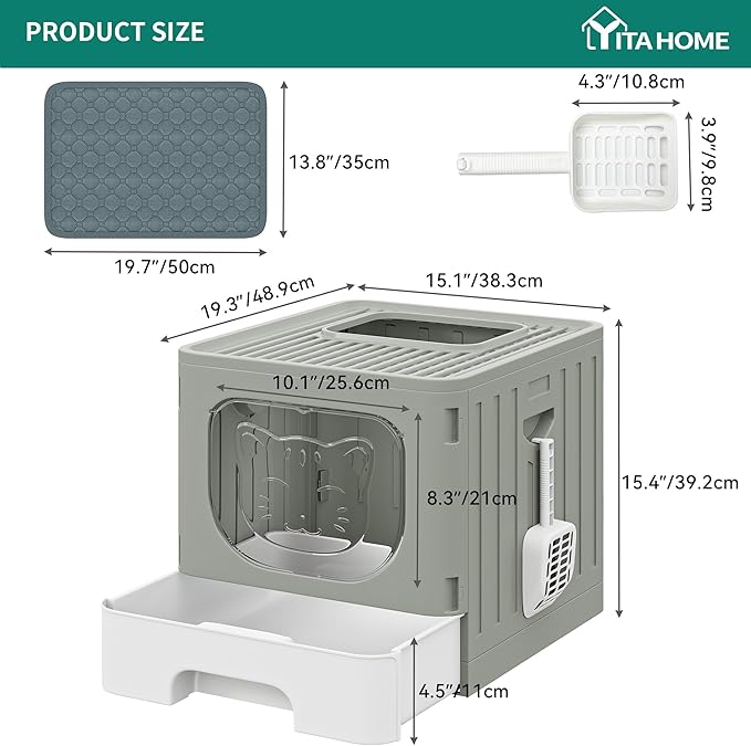 YITAHOME Large Enclosed Cat Litter Box with Cushion, Anti-Splash Closed Litter Boxes with Litter Scoop Front Entry Top Exit Door, Easy to Install and Clean