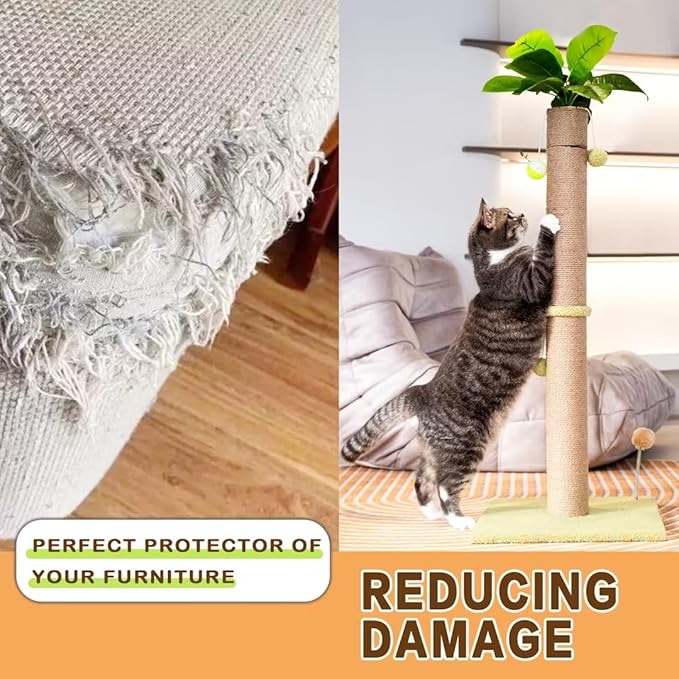 39 inch Tall Cat Scratch Post for Indoor Cats with Natural Sisal Rope and Hanging Ball Scratcher Post Tree Kitten and Large Adult Cat Interactive Toy-Leaf