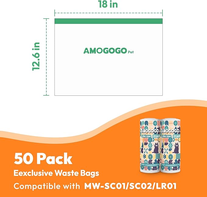 50 Pcs Litter Box Liner Bags, Compatible with Meowant MW-SC01, MW-SC02 and MW-LR01, Automatic Litter Box Heavy Duty Replacement Waste Bags, Drawstring Leak-proof Trash Bags, 18.5" x 12.6"