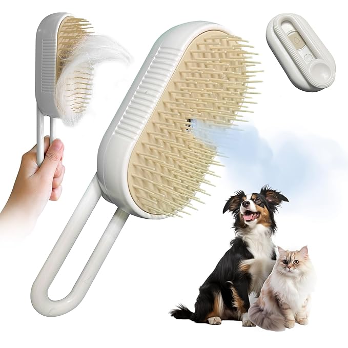 Long-Pin Spray Brush for Long Haired Cats & Dogs, 3-in-1 Design: Fur Remover, Massage and Clean, Steam Brush for Shedding, Steamy Dematting Brush For indoor Cats, Dogs and Rabbits (Beige)
