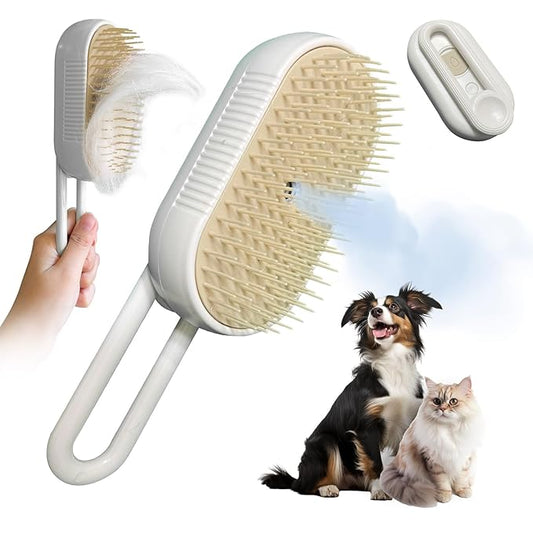 Long-Pin Spray Brush for Long Haired Cats & Dogs, 3-in-1 Design: Fur Remover, Massage and Clean, Steam Brush for Shedding, Steamy Dematting Brush For indoor Cats, Dogs and Rabbits (Beige)