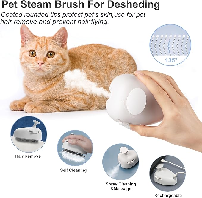 Cat Steam Brush for Shedding,Self Cleaning Cat Brush with Steam,Rechargeable Pet Steam Brush,Mist Brush Comb for Indoor Cats,Cat Hair Brush,Steamy Cat Brush for Short&Long Haired Pets.(White)