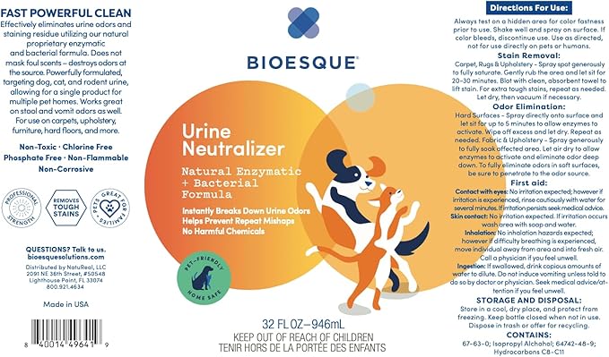 Bioesque Urine Neutralizer, Pet-Friendly Natural Enzymatic & Bacterial Formula, Instantly Breaks Down Urine Odors, Helps Prevent Repeat Mishaps, 32 Fl Oz (Pack of 6)