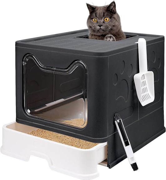 Foldable Cat Litter Box with Lid, Enclosed Cat Potty, Top Entry Anti-Splashing Cat Toilet, Easy to Clean Including Cat Litter Scoop and 2-1 Cleaning Brush (Black) Large
