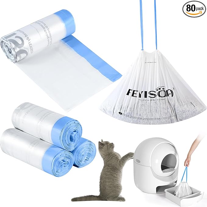 Compatible with PETKIT PuraMax & PuraX - Tear Resistant Cat Litter Box Liners, 80 Pack, 22x12 Inch, 4 Gallon Bags, Drawstring Closure, 2 Mil Thick, Fits Self-Cleaning Litter Boxes