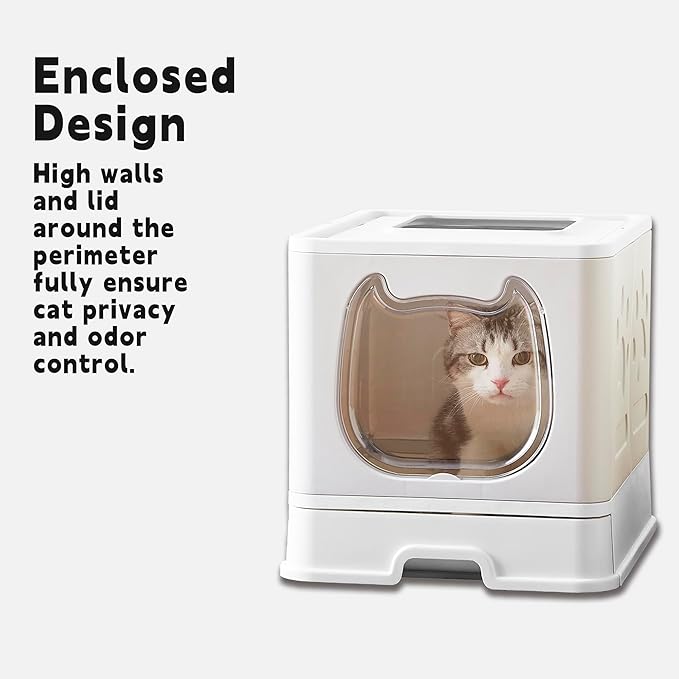 Gefryco Cat Litter Box with Lid, Top Entry Litter Box with Controlled Access, Covered Enclosed Cat Potty Odor Control, Kitten Litter Box for Small to Medium Cats, Scoop and Clean Brush Included(Grey)