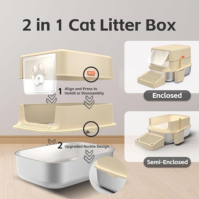 Stainless Steel Cat Litter Box with Lid, 3 in 1 Removable Litter Box for Big/Multiple Cats, High Sides Kitty Litter Pan, Leak-Proof XL Extra Large Enclosed Metal Litter Box Easy Clean with Scoop & Mat