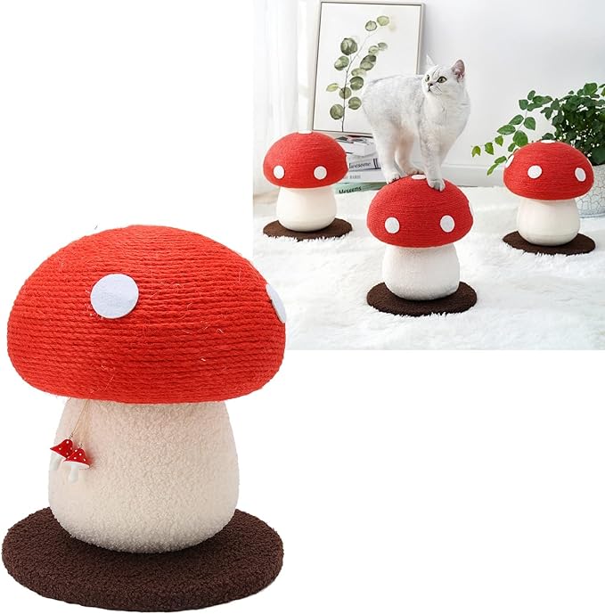 Mushroom Shaped Cat Scratch Post, Durable Grinding Claws Sisal Interactive Cat Scratch Pad Mat, Scratching Post Hung with Small Mushroom Accessories Cat Scratching Board for Pets Cats