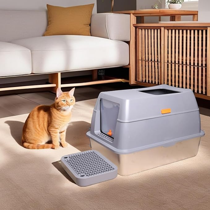 Stainless Steel Cat Litter Box: Extra Large Covered Metal Litter Box Non-Sticky and Anti-Urine Leakage - High Sided Enclosed Kitty Litterbox with Triple Pedal and Scoop for Jumbo Cats
