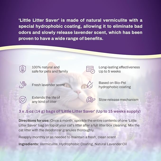 Little Litter Saver | a New Generation Of Cat Litter Box Deodorizer | Unique Formula for Slow Release | Natural Fresh Scent | Up to 15 Weeks Supply | 3 x 0.5oz bags (Lavender)