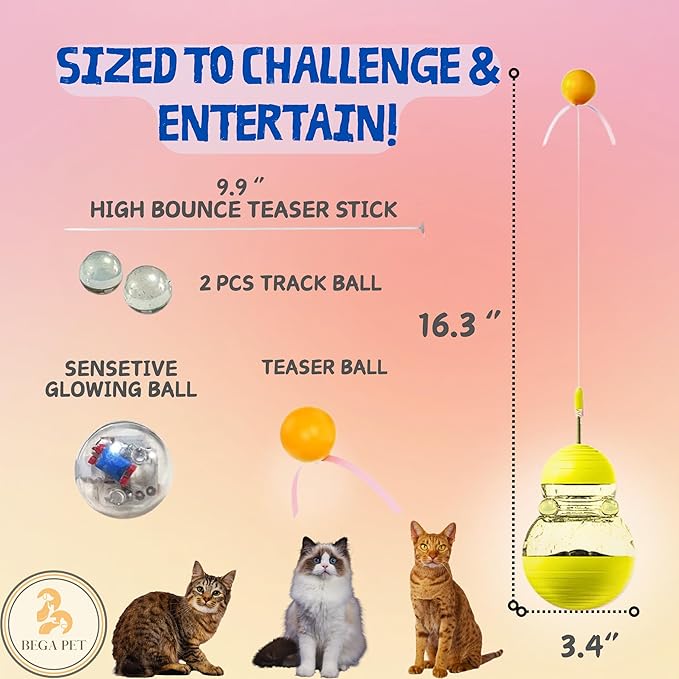 Cat Treat Toy for Indoor Cats - 16.3 '' Cat Interactive & Wand Toy for Bored Adult & Kitten Puzzle Slow Feeder Training Bowl Food Dispenser Track Balls - Christmas & Birthday Gifts (Yellow)