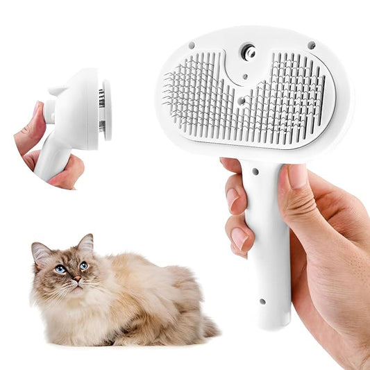Cat Steam Brush, Pet Steamy Brushes for Indoor Cats & Dogs Shedding with Release Button, Self-Cleaning, Anti-Static Pets Hair Removal Comb for Furry Pet Grooming & Massage (WHITE)