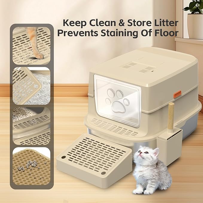 Stainless Steel Cat Litter Box with Lid, 3 in 1 Removable Litter Box for Big/Multiple Cats, High Sides Kitty Litter Pan, Leak-Proof XL Extra Large Enclosed Metal Litter Box Easy Clean with Scoop & Mat