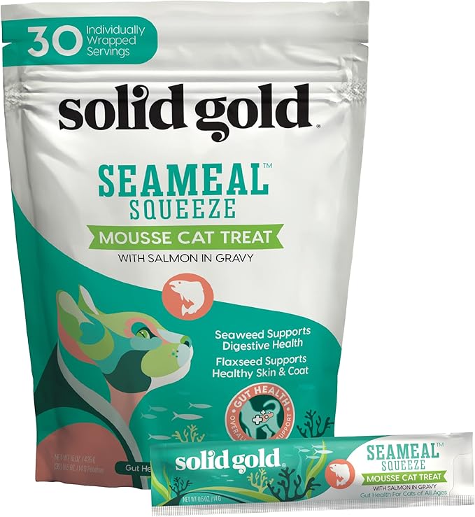 Solid Gold Lickable Cat Treats - Salmon SeaMeal Squeeze Squeezable Cat Treats for Indoor Cats 30 Pack - Made with Fiber-Rich Seaweed for Digestive Health for Immune Support - 3 oz / 30 Count