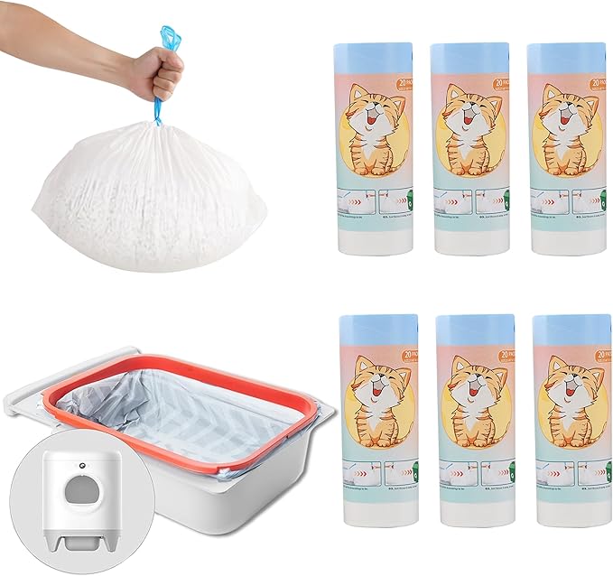 TonGass (6 Rolls, 120-Pack, 21.45" x 11.7") Drawstring Litter Liner Bags Disposable Portable Cat Litter Waste Receptacles Bags Compatible with PETKIT PuraX PuraMax Self-Cleaning Cat Litter Box