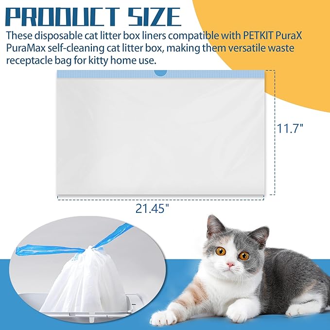 TonGass (6 Rolls, 120-Pack, 21.45" x 11.7") Drawstring Litter Liner Bags Disposable Portable Cat Litter Waste Receptacles Bags Compatible with PETKIT PuraX PuraMax Self-Cleaning Cat Litter Box