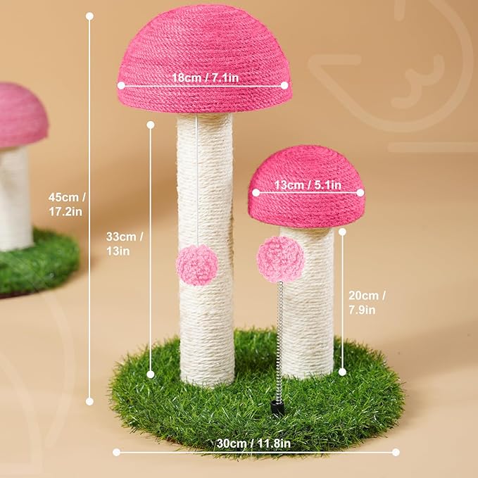Odoland Cat Scratching Post Mushroom Natural Durable Sisal Board Scratcher for Kitty’s Health and Good Behavior, Furniture Scratch Deterrent Accessories for Cats Pink