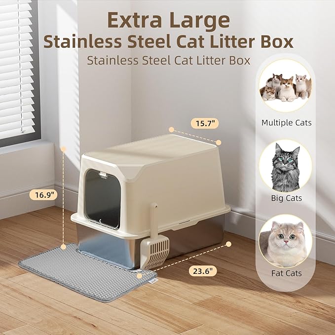 Stainless Steel Cat Litter Box with Lid, Extra Large Litter Box, Great for Large & Small Cat, Easy to Clean, Anti-Leakage, Non-Sticky, Multifunctional 2 in-1 Metal Cat Litter Box - Beige
