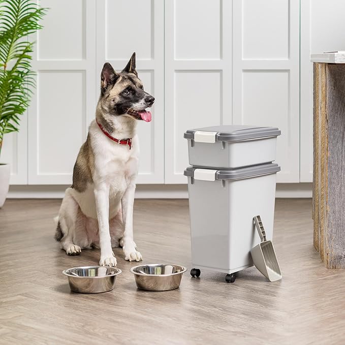 IRIS USA Airtight Dog Food Storage Container with Wheels, Up to 30 lbs & 11 lbs, 2-Cup Scoop, Cat Dog Treat Wet Food Cans Toys Storage Container, Stackable, Portable, Gray