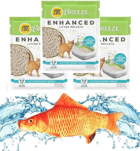 Variety Pack Bundle Including (2) 7.5" Triple Strength Catnip Toy and (3) Tidy Cats Breeze Enhanced Pellets 3.5lb Bags.
