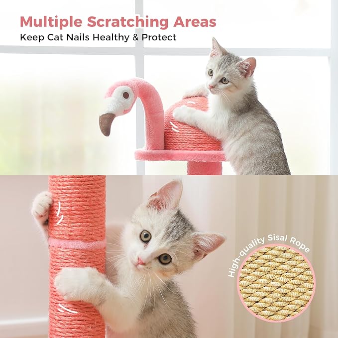 PETEPELA 34.2'' Cat Scracthcing Post, Tall Cat Scratcher with Large Cat Hammock [Dia=30CM], Flamingos Natural Sisal Cat Scratch Post, Pink Small Cat Tree Tower for Indoor Cats&Kittens