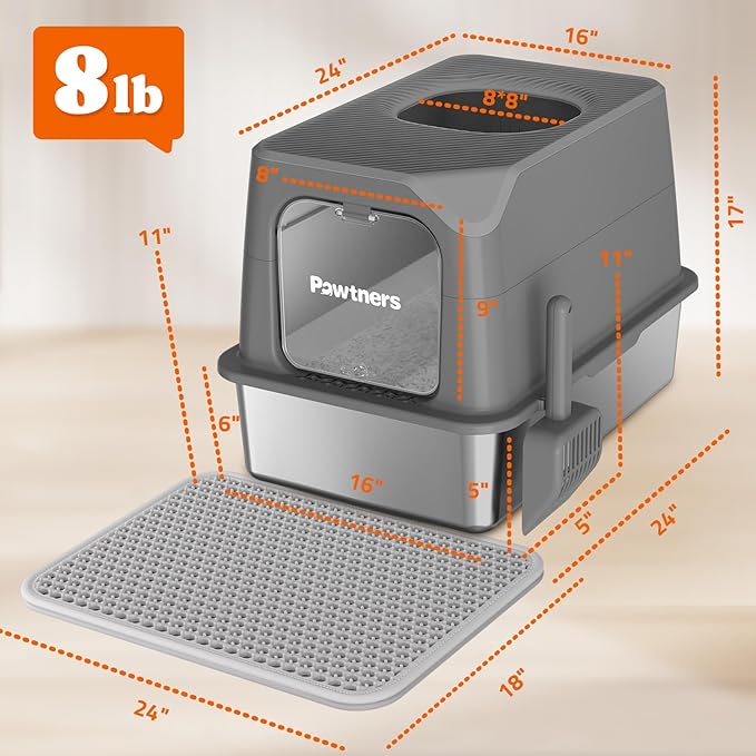 Pawtners Stainless Steel Cat Litter Box, XL Extra Large Enclosed Kitty Litter Pan, Front Entry Top Exit Hooded Metal Cat Toilet for Odor Control with Removable Lid & Scoop, Anti-Leakage, Easy to Clean