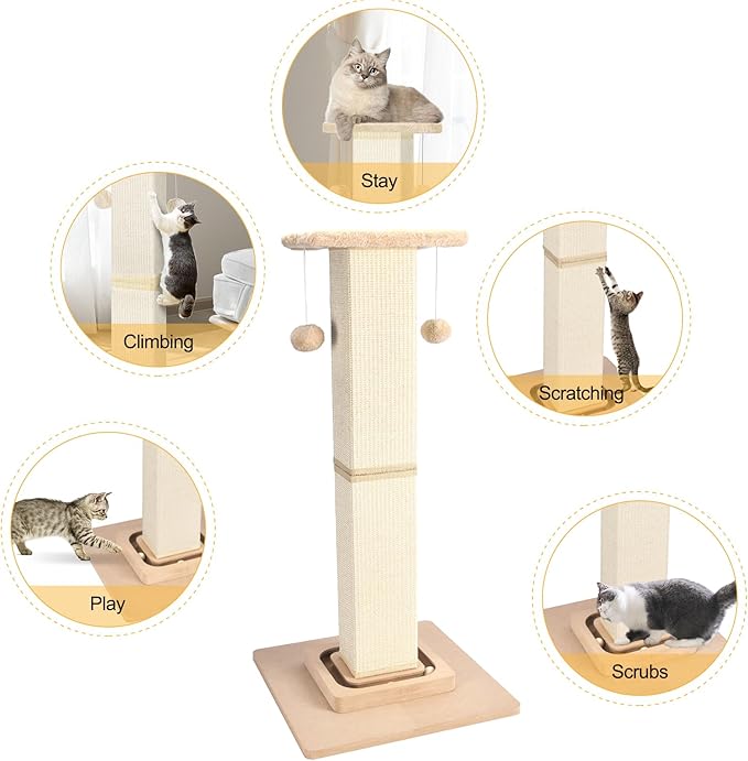Cat Scratching Post,33 Inches Heavy Duty and Thicker Cat Scratching Posts for Indoor Cats Adults,Tall Cat Scratching Post with Interactive Toys and Hanging Ball, Protect Your Furniture, Beige