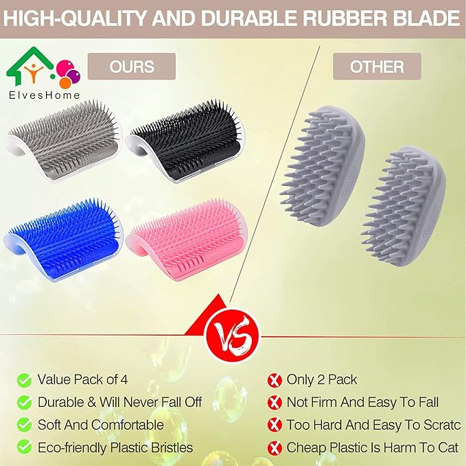 Cat Grooming Brush 4 Set, Self Groomer, Slicker Brush Tool for Shedding, Pet Grooming Supplies for Short Long Hair Cats