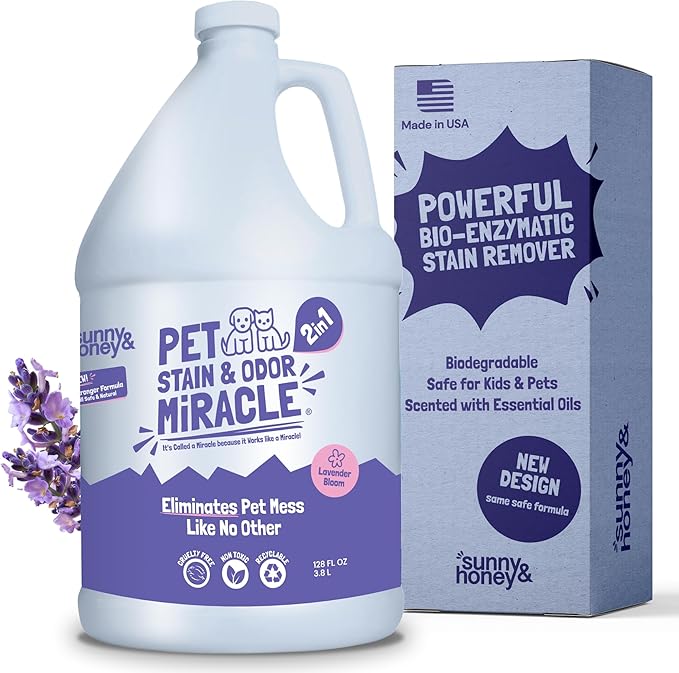 Sunny & Honey Pet Stain & Odor Miracle – Enzyme Cleaner for Dogs & Cats – Pet Odor Eliminator for Strong Smells & Floors – Light Lavender Scent Carpet Cleaner – 1 Gallon Stain & Smell Remover