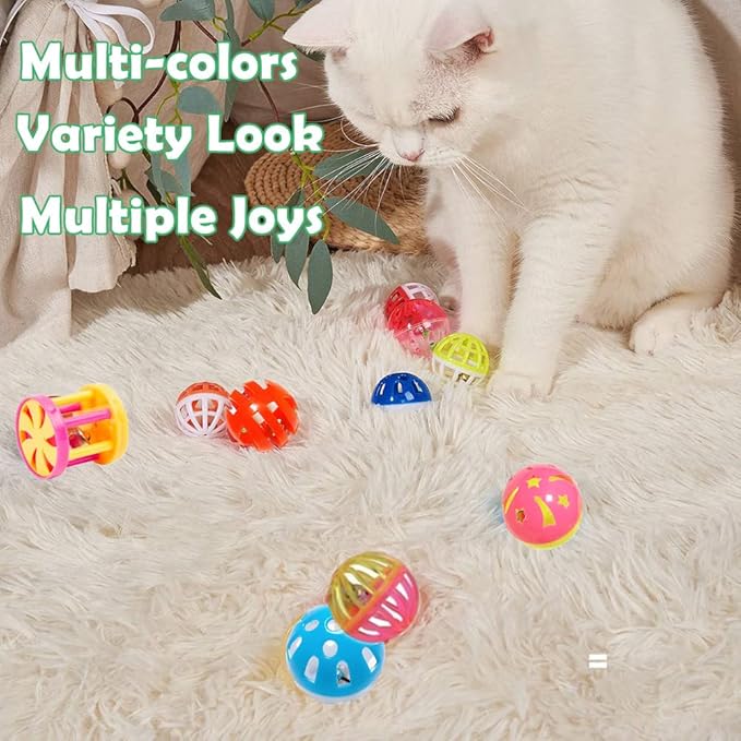 Cat Jingle Balls Toys 10Pcs 6 Styles for Indoor Cats - Plastic Lattice Cat Balls with Bells Kitten Rattle Toy, Gift Box and 1.5"