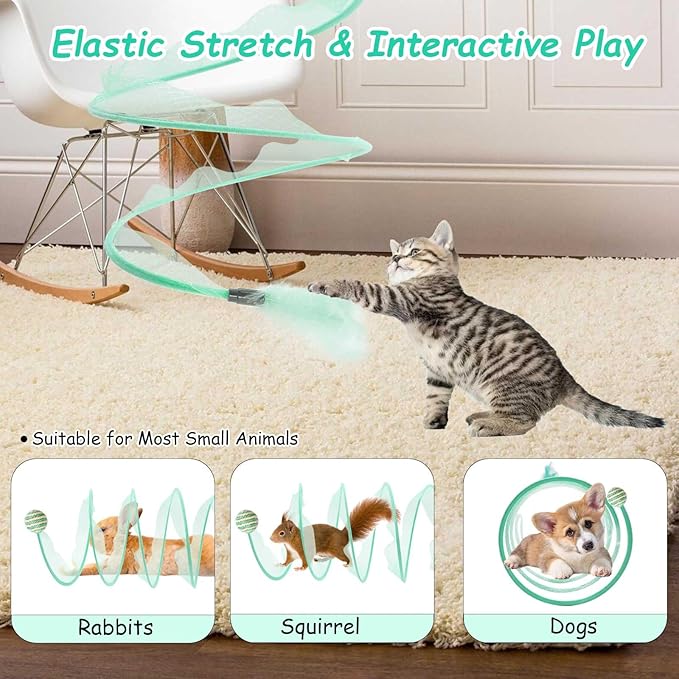 Cat Tunnel, 1PCS Folded Cat Tunnel Toy, Cyan Sisal Hemp Ball Tube Cat Springs for Indoor with Feather, Mouse Toys Interactive Cat Toy Tunnel Self-Happy Cat Toys, S-Type Collapsible Tent