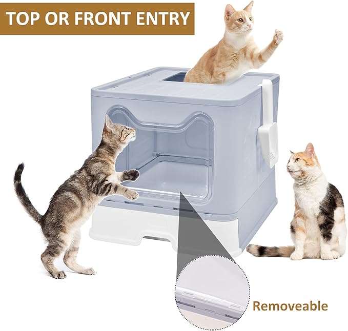 Cat Litter Box with Lid, Top Entry Cat Litter Box Pan, Enclosed Cat Potty, Anti-Splashing Cat Toilet, Foldable Litter Box Large Covered Cat Supplies with Scoop Brush and Garbage Bag