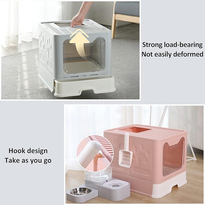Cat Litter Box with Lid, Top Entry Cat Litter Box Pan, Enclosed Cat Potty, Anti-Splashing Cat Toilet, Foldable Litter Box Large Covered Cat Supplies with Scoop Brush and Garbage Bag