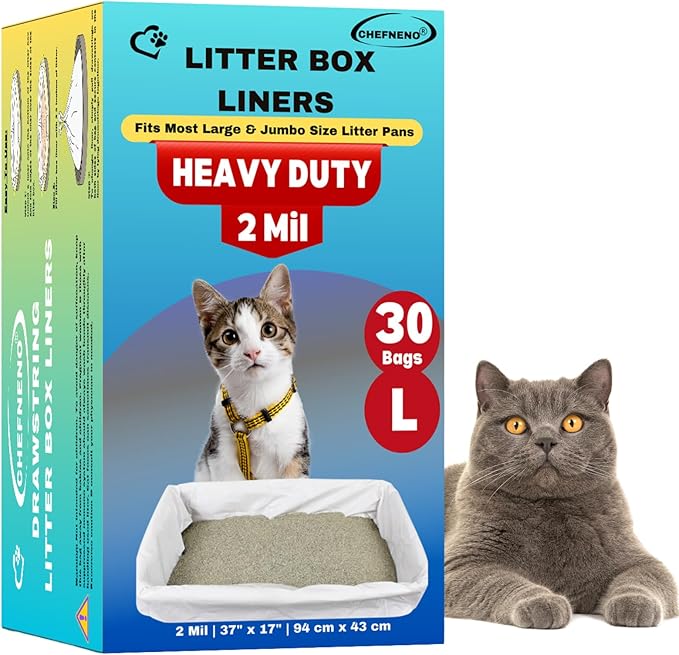 Cat Litter Box Liners Drawstring Large (30 Bags) 37" x 18" Scratch Resistant Extra Heavy 2 Mil Litter Tray Cat Box Liner Bags (30 Count, Large)
