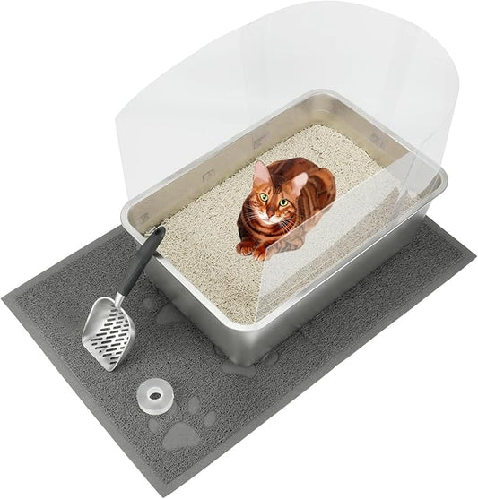 YUEPET 1 Set Stainless Steel Cat Litter Box with High Sides, Durable Metal Cat Litter Basin Pan Easy to Clean Cat Litter Tray for Odor Control with Cat Litter Scoops Cat Litter Mats 23.6"x15.7"x7.9"