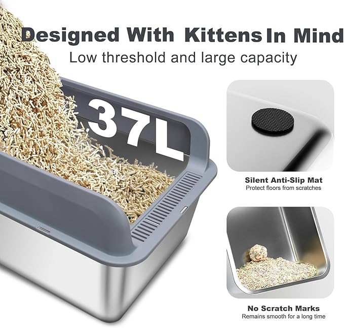 Stainless Steel Cat Litter Box, XL Extra Large Enclosure Litter Box for Small Big Cats, Filter Metal High Sided Litter Box with Scoop Mats, Non-Sticky Anti-Leakage Easy Cleaning