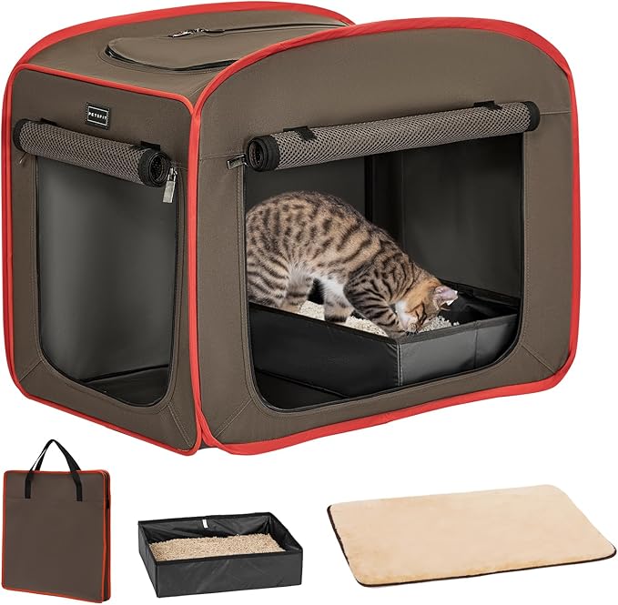 Petsfit Portable Cat Crate with Litter Box and Soft Cushion Cat, Collapsible Pop Up Cat Kennel with Carrying Bag for Travel