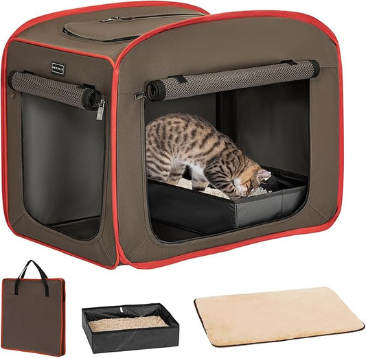 Petsfit Portable Cat Crate with Litter Box and Soft Cushion Cat, Collapsible Pop Up Cat Kennel with Carrying Bag for Travel